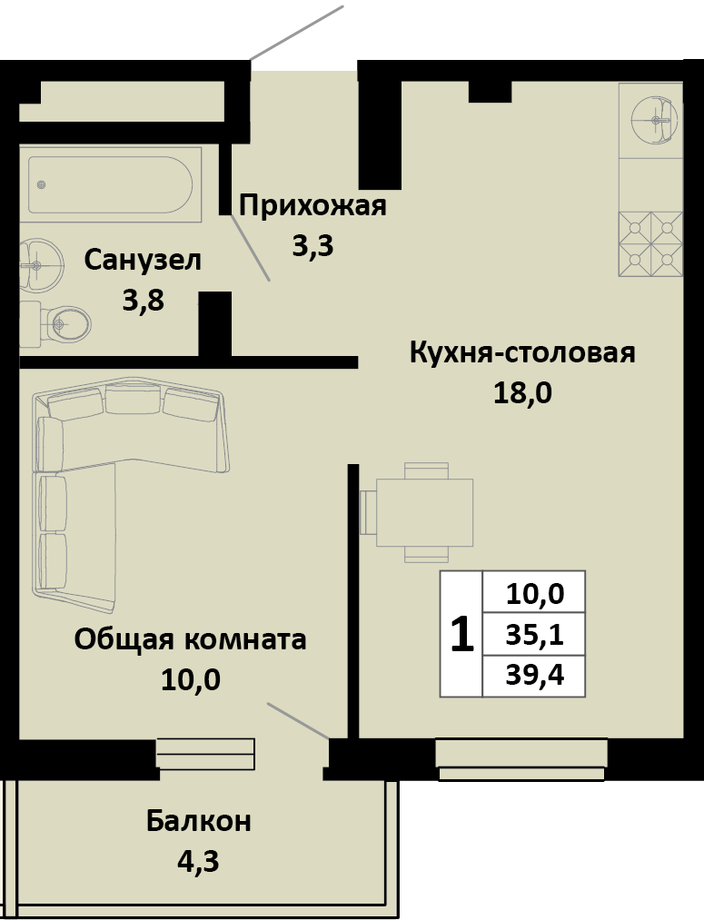 Планировка 1-комн. в ЖК «Южные соседи»