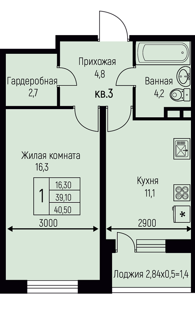 Планировка 1-комн. в ЖК «Nova Vita»