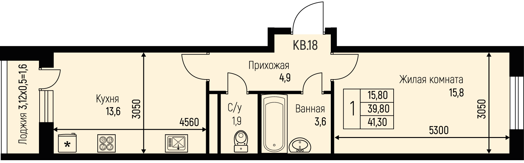 Планировка 1-комн. в ЖК «Nova Vita»