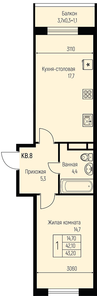 Планировка 1-комн. в ЖК «Nova Vita»