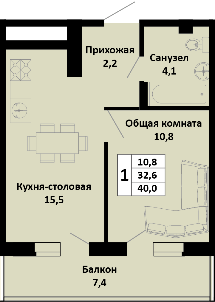 Планировка 1-комн. в ЖК «Южные соседи»