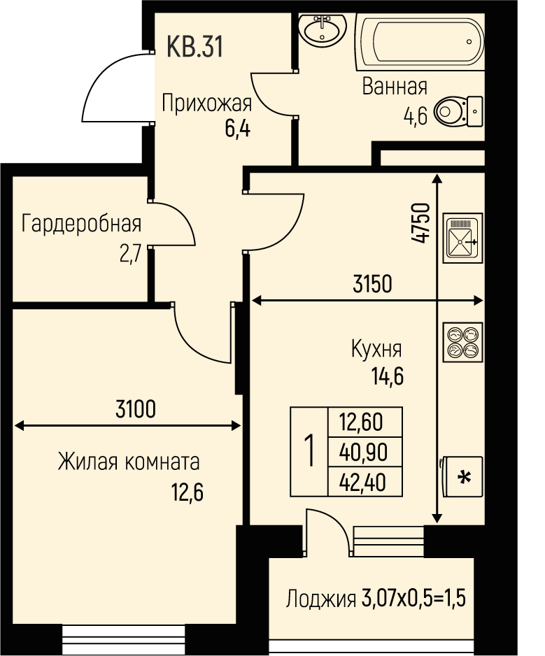 Планировка 1-комн. в ЖК «Nova Vita»