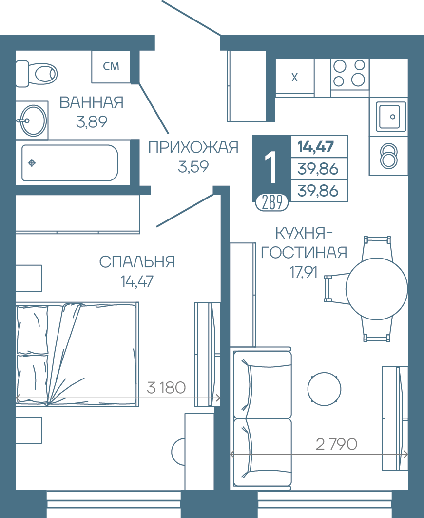 Планировка 1-комн. в ЖК «Иначе в Молодежном»