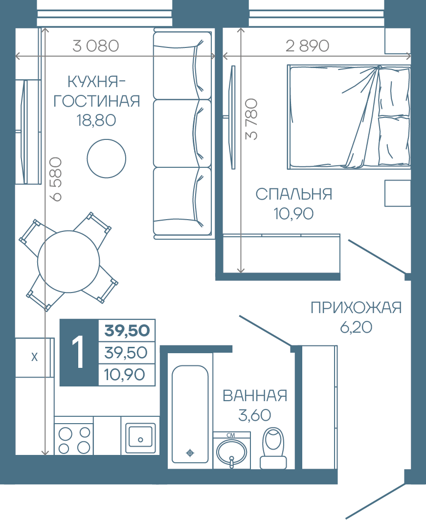 Планировка 1-комн. в ЖК «Иначе в Молодежном»