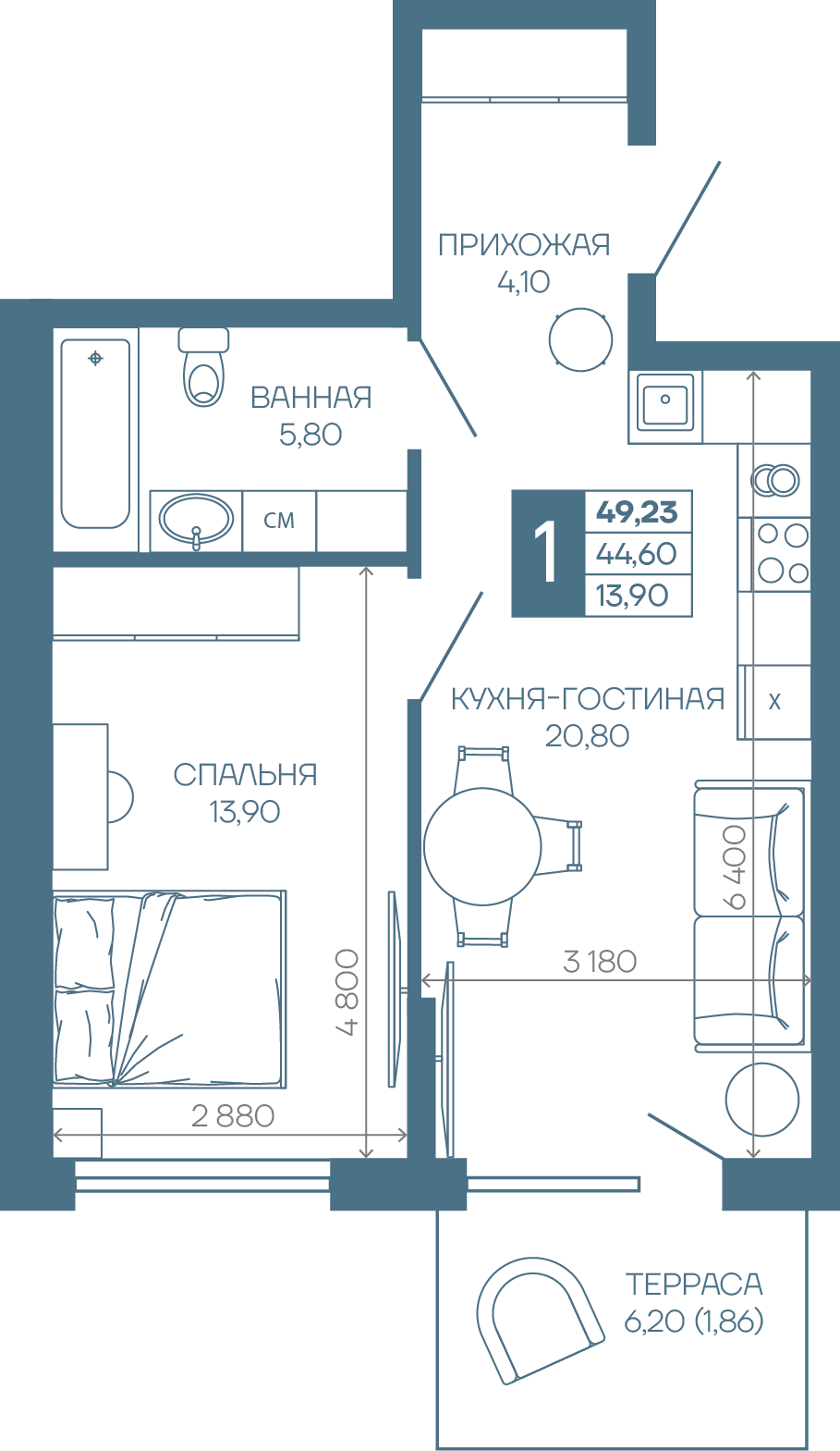 Планировка 1-комн. в ЖК «Иначе в Молодежном»