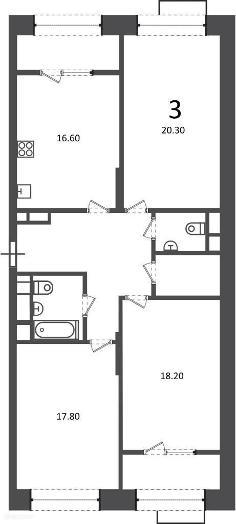 Планировка 3-комн. в ЖК «Клинская ул., д. 2А (Московские кварталы)»