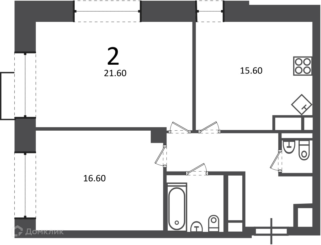 Планировка 2-комн. в ЖК «Клинская ул., д. 2А (Московские кварталы)»
