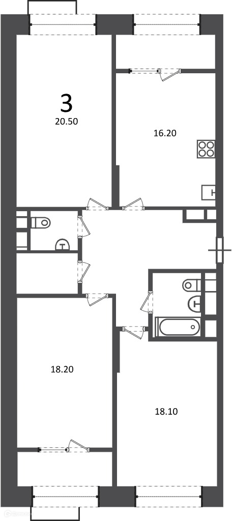 Планировка 3-комн. в ЖК «Клинская ул., д. 2А (Московские кварталы)»
