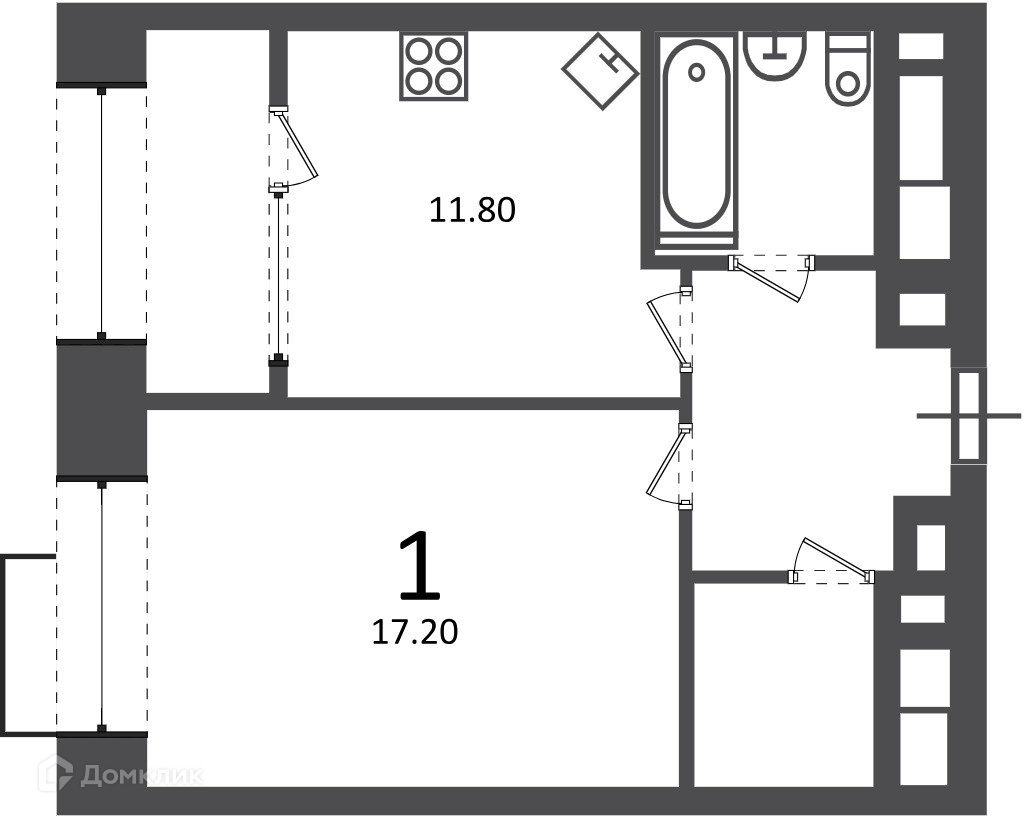 Планировка 1-комн. в ЖК «Клинская ул., д. 2А (Московские кварталы)»