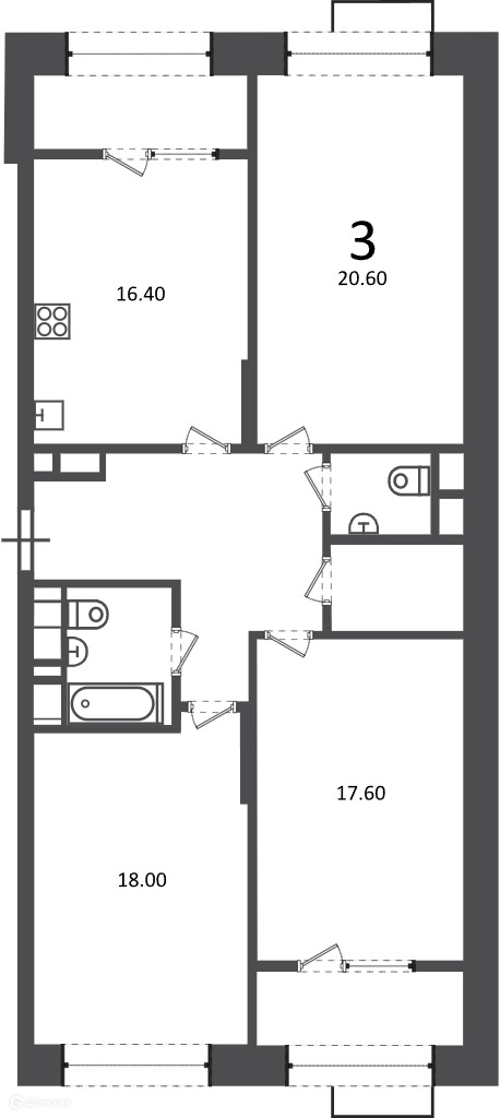 Планировка 3-комн. в ЖК «Клинская ул., д. 2А (Московские кварталы)»