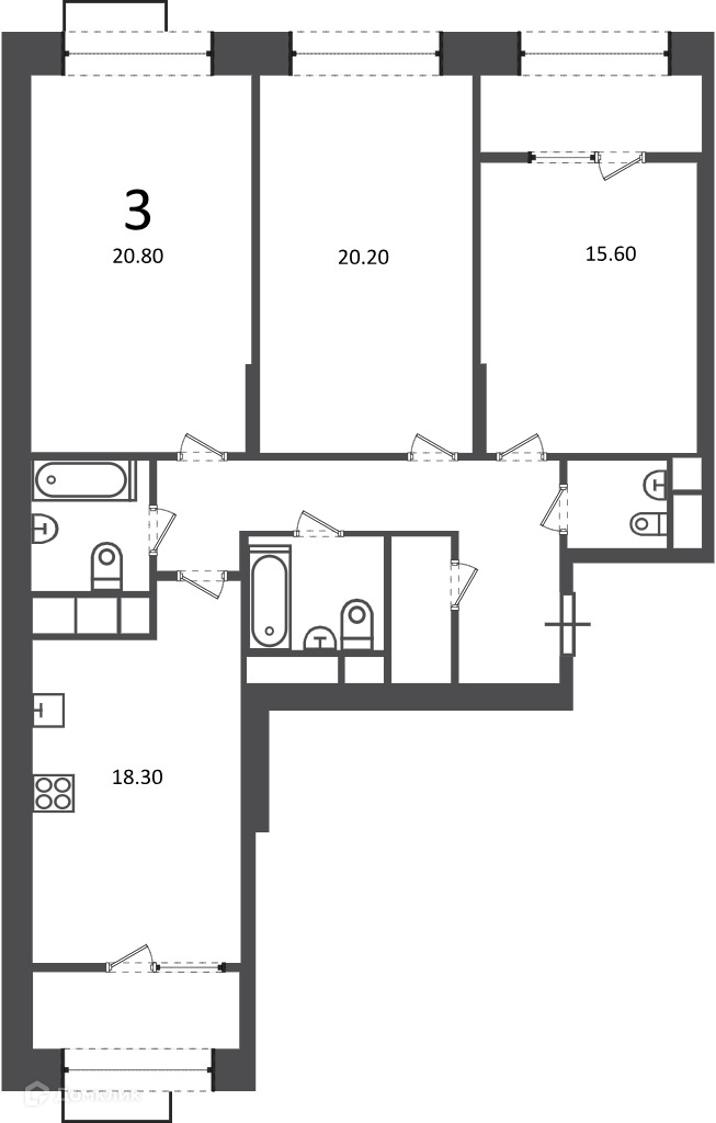 Планировка 3-комн. в ЖК «Клинская ул., д. 2А (Московские кварталы)»