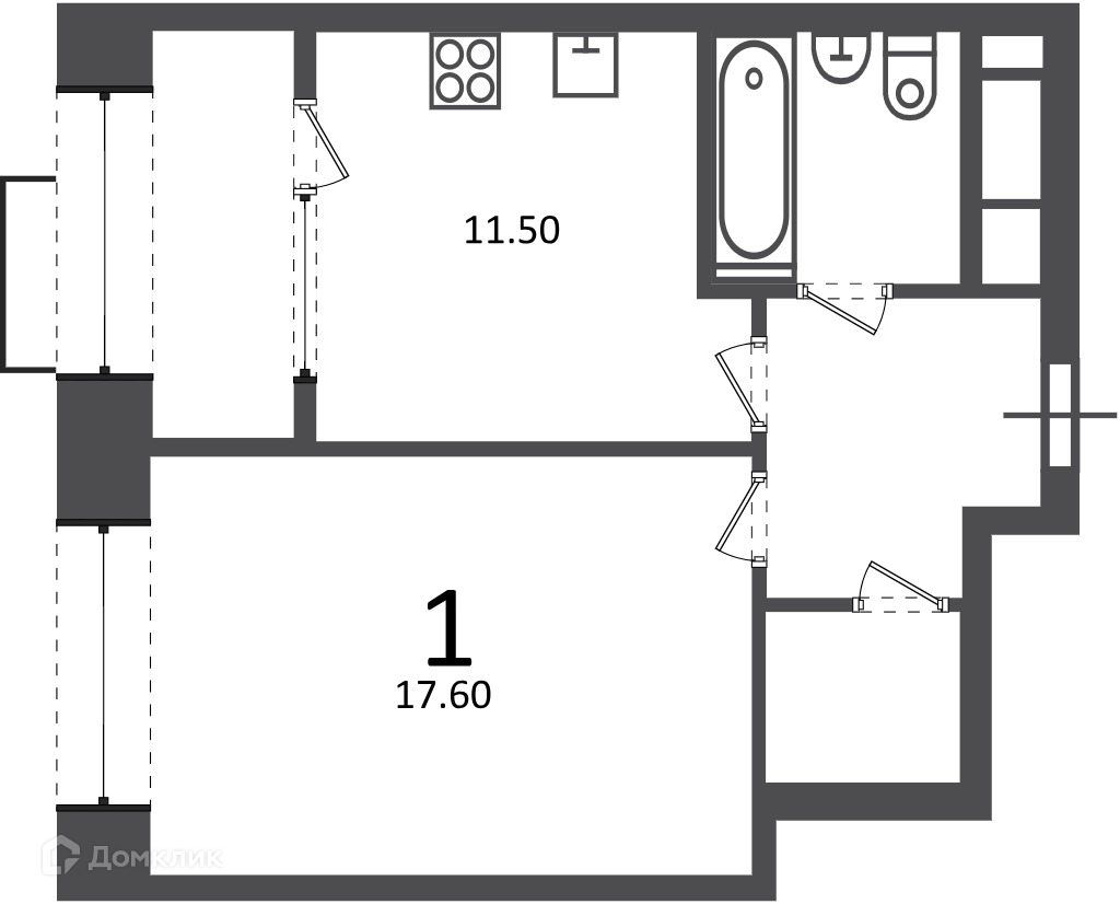 Планировка 1-комн. в ЖК «Клинская ул., д. 2А (Московские кварталы)»