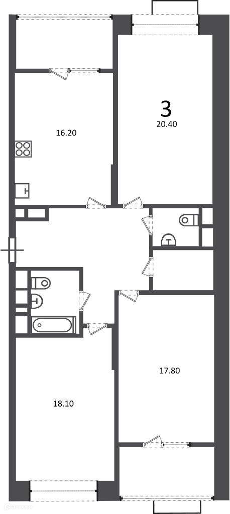 Планировка 3-комн. в ЖК «Клинская ул., д. 2А (Московские кварталы)»