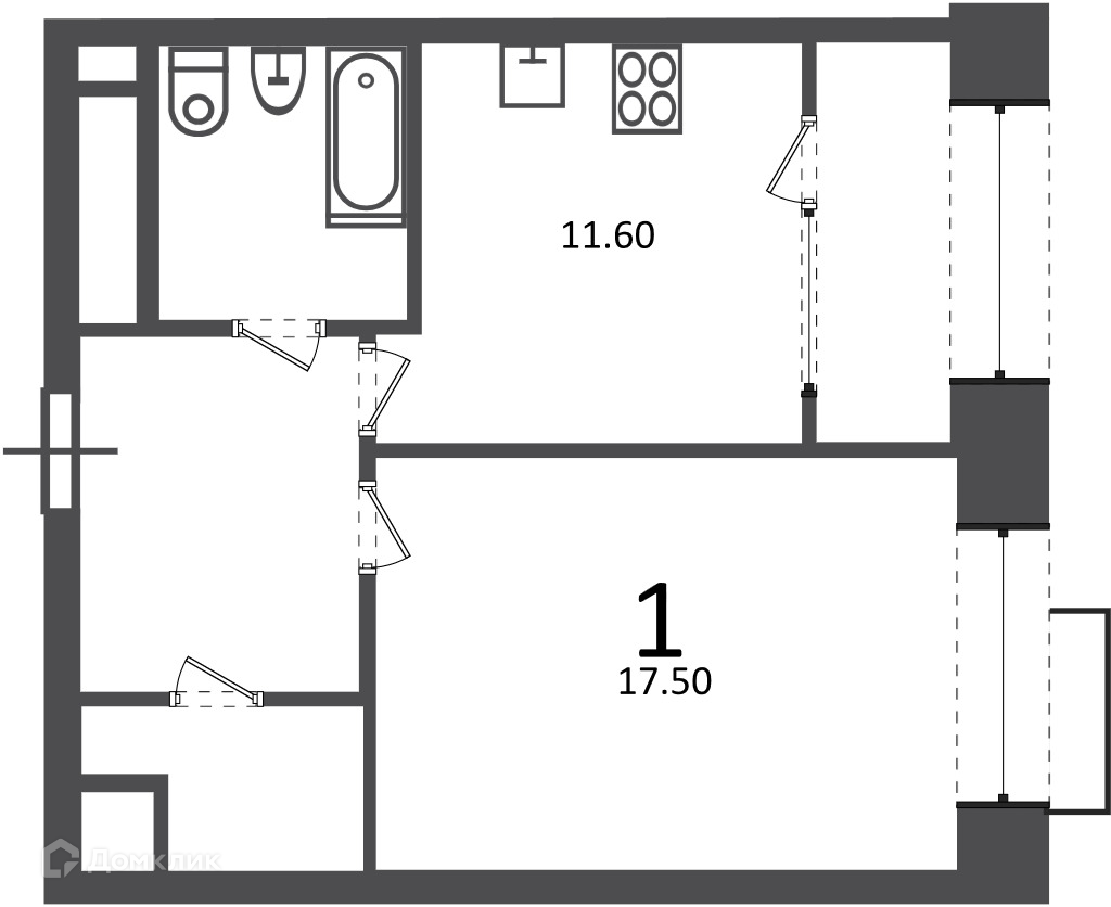 Планировка 1-комн. в ЖК «Клинская ул., д. 2А (Московские кварталы)»