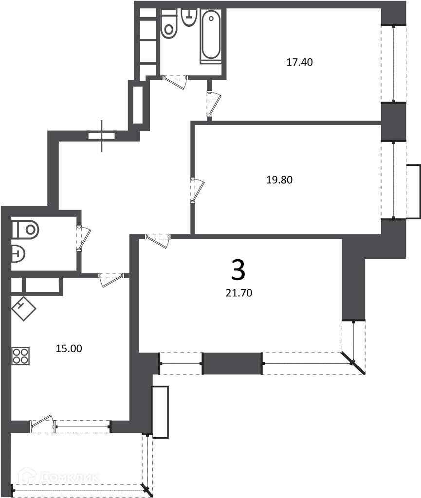 Планировка 3-комн. в ЖК «Клинская ул., д. 2А (Московские кварталы)»