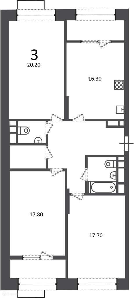 Планировка 3-комн. в ЖК «Клинская ул., д. 2А (Московские кварталы)»