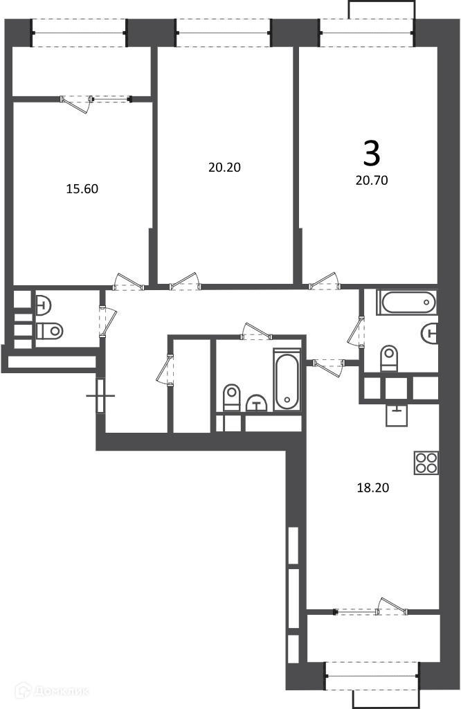 Планировка 3-комн. в ЖК «Клинская ул., д. 2А (Московские кварталы)»