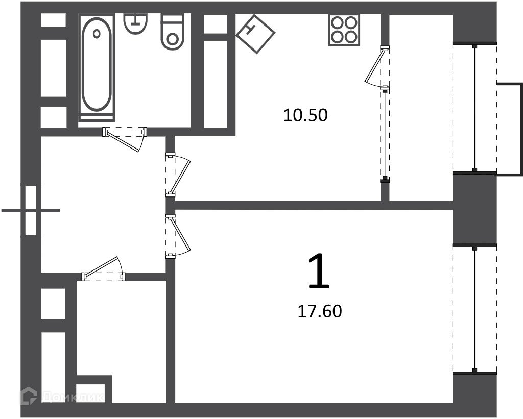Планировка 1-комн. в ЖК «Клинская ул., д. 2А (Московские кварталы)»