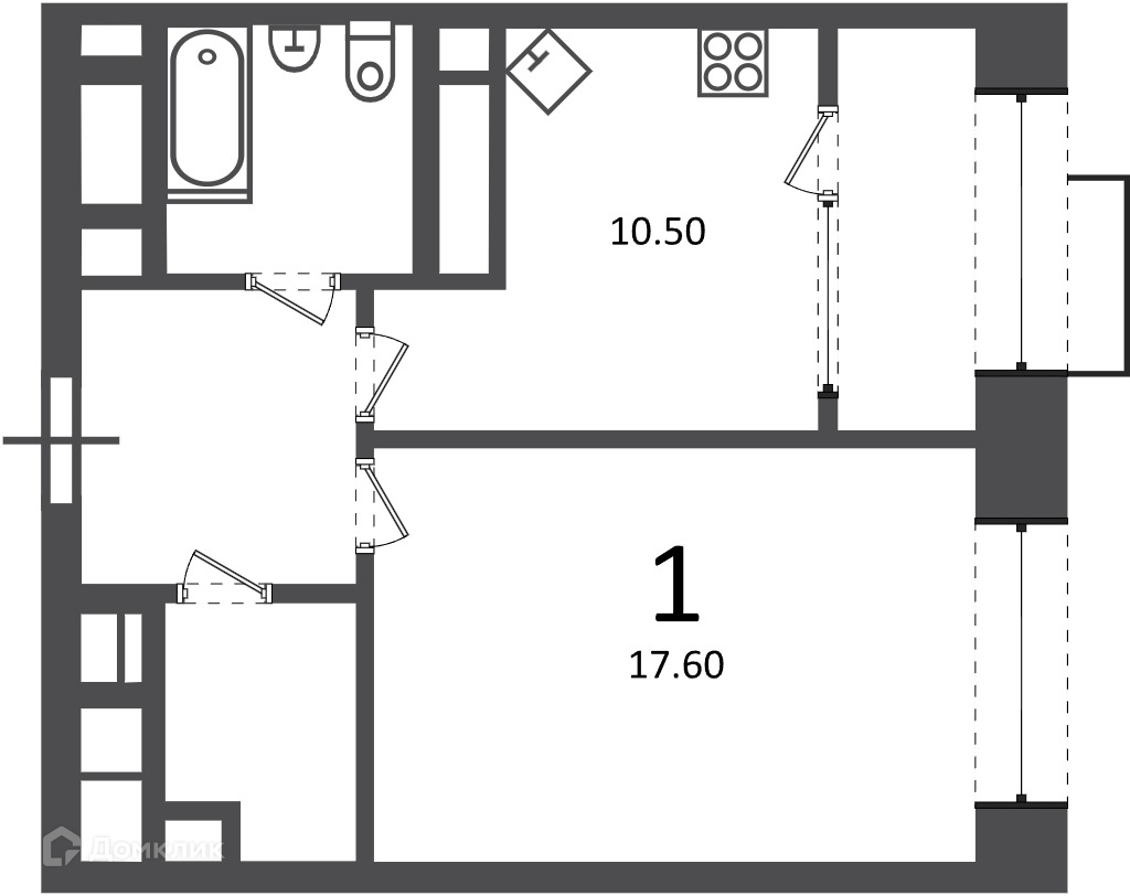 Планировка 1-комн. в ЖК «Клинская ул., д. 2А (Московские кварталы)»