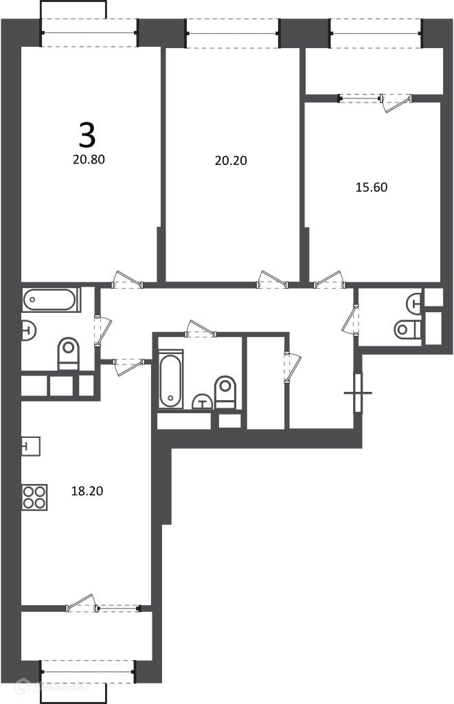 Планировка 3-комн. в ЖК «Клинская ул., д. 2А (Московские кварталы)»