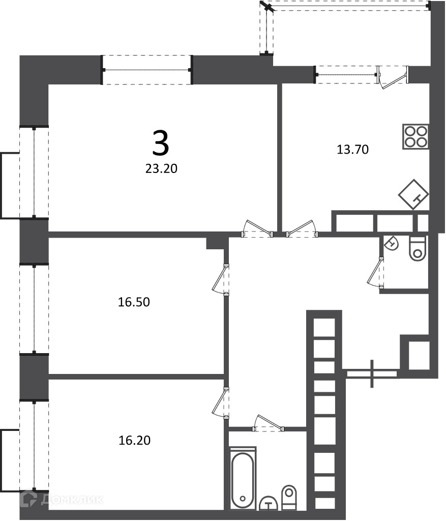 Планировка 3-комн. в ЖК «Клинская ул., д. 2А (Московские кварталы)»
