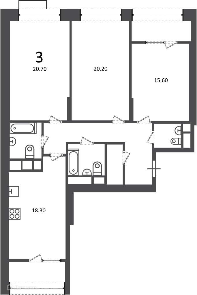 Планировка 3-комн. в ЖК «Клинская ул., д. 2А (Московские кварталы)»