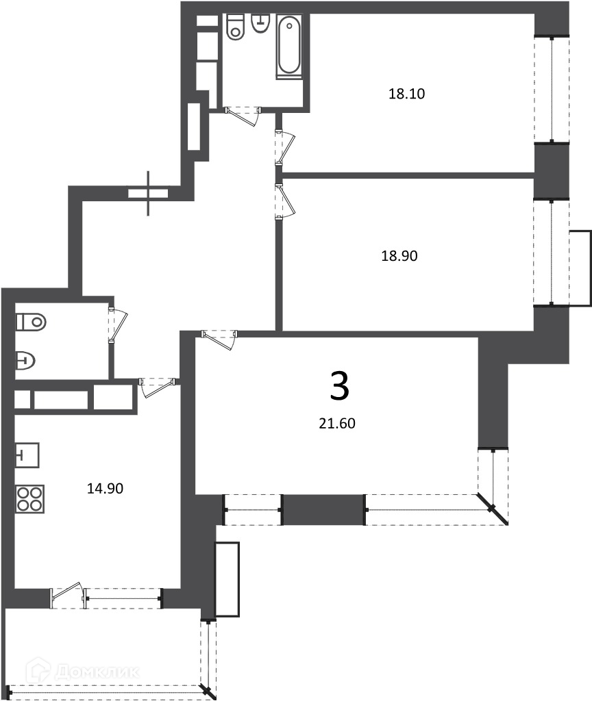 Планировка 3-комн. в ЖК «Клинская ул., д. 2А (Московские кварталы)»