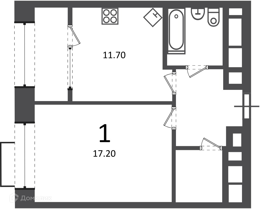 Планировка 1-комн. в ЖК «Клинская ул., д. 2А (Московские кварталы)»