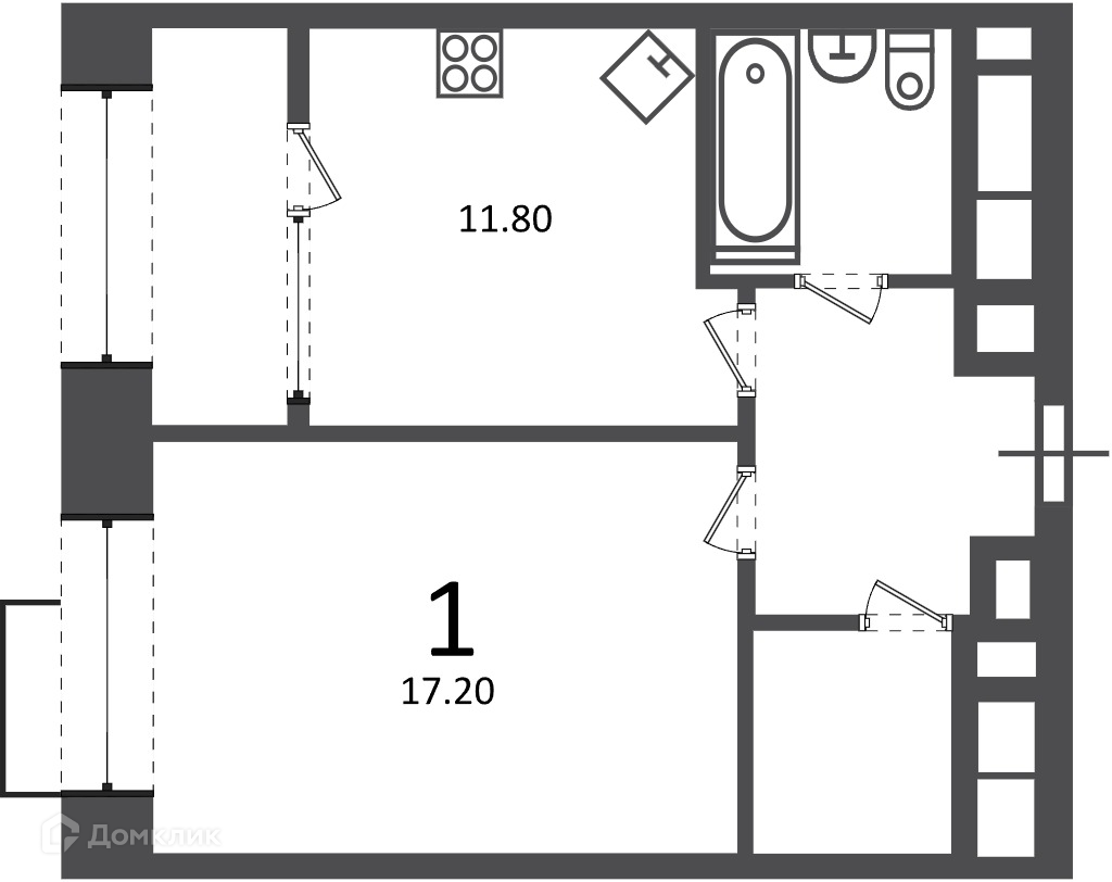 Планировка 1-комн. в ЖК «Клинская ул., д. 2А (Московские кварталы)»