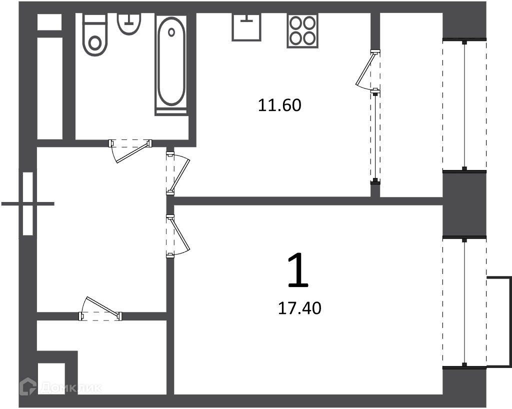 Планировка 1-комн. в ЖК «Клинская ул., д. 2А (Московские кварталы)»