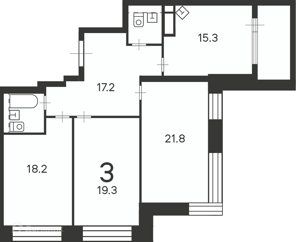 Планировка 3-комн. в ЖК «Клинская ул., д. 2А (Московские кварталы)»