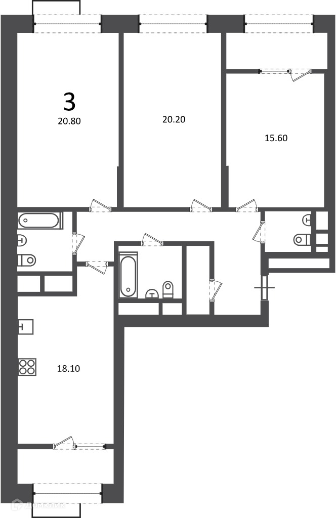 Планировка 3-комн. в ЖК «Клинская ул., д. 2А (Московские кварталы)»
