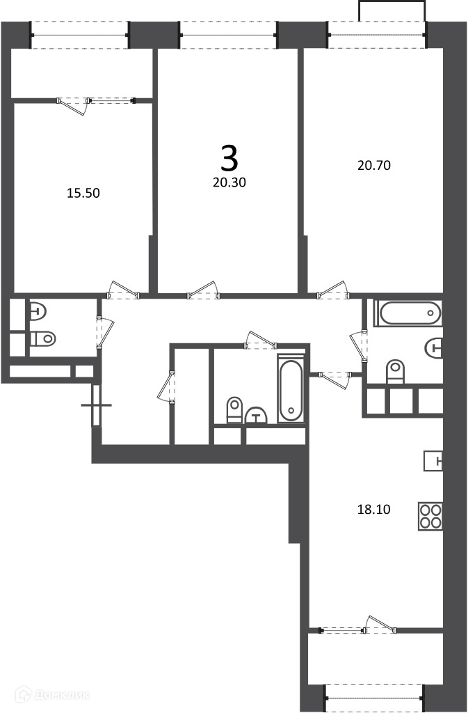 Планировка 3-комн. в ЖК «Клинская ул., д. 2А (Московские кварталы)»