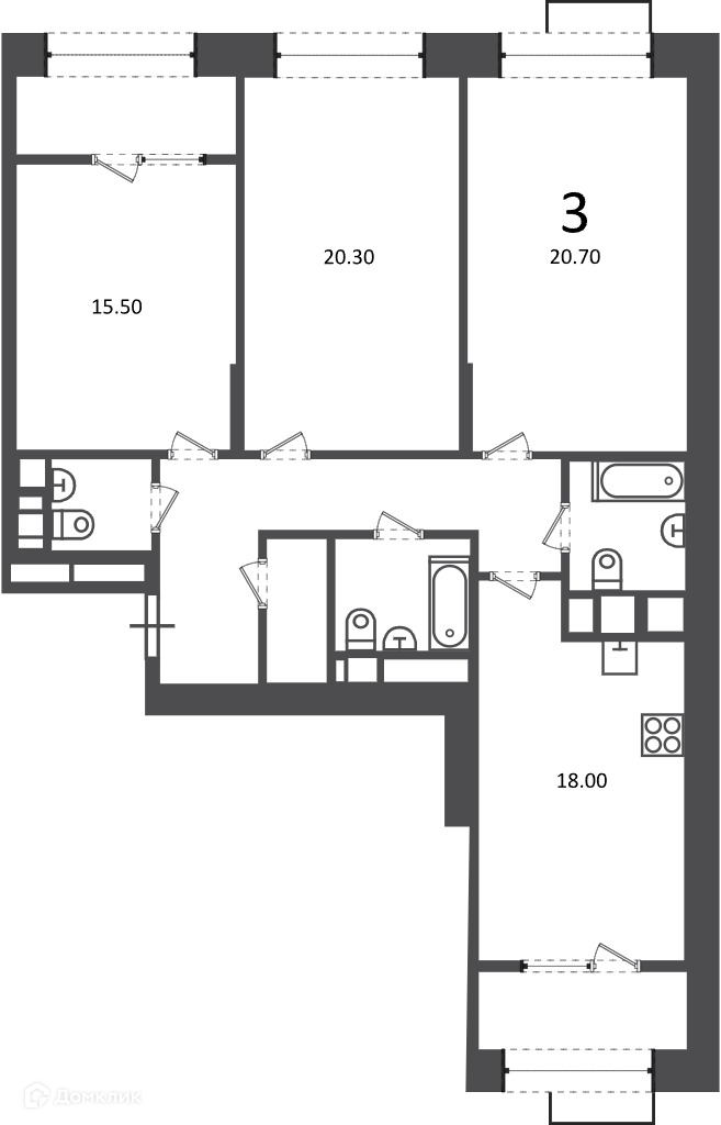 Планировка 3-комн. в ЖК «Клинская ул., д. 2А (Московские кварталы)»