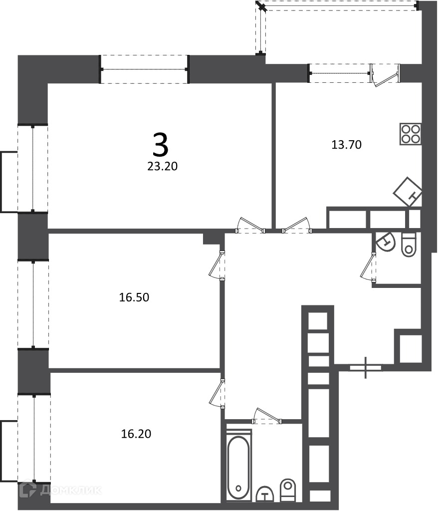 Планировка 3-комн. в ЖК «Клинская ул., д. 2А (Московские кварталы)»