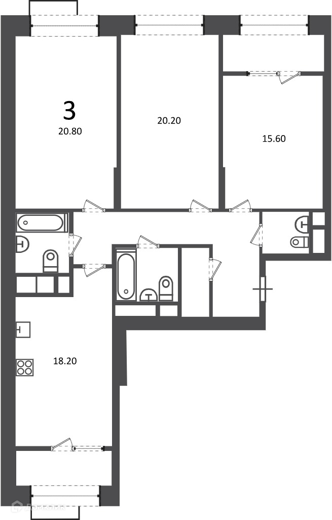 Планировка 3-комн. в ЖК «Клинская ул., д. 2А (Московские кварталы)»