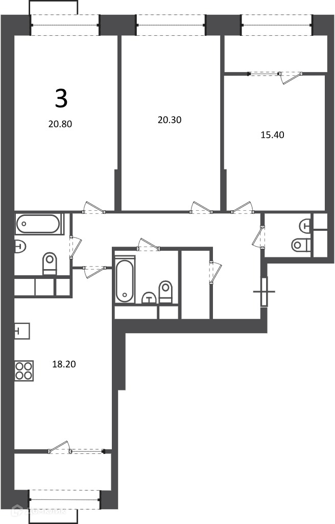 Планировка 3-комн. в ЖК «Клинская ул., д. 2А (Московские кварталы)»