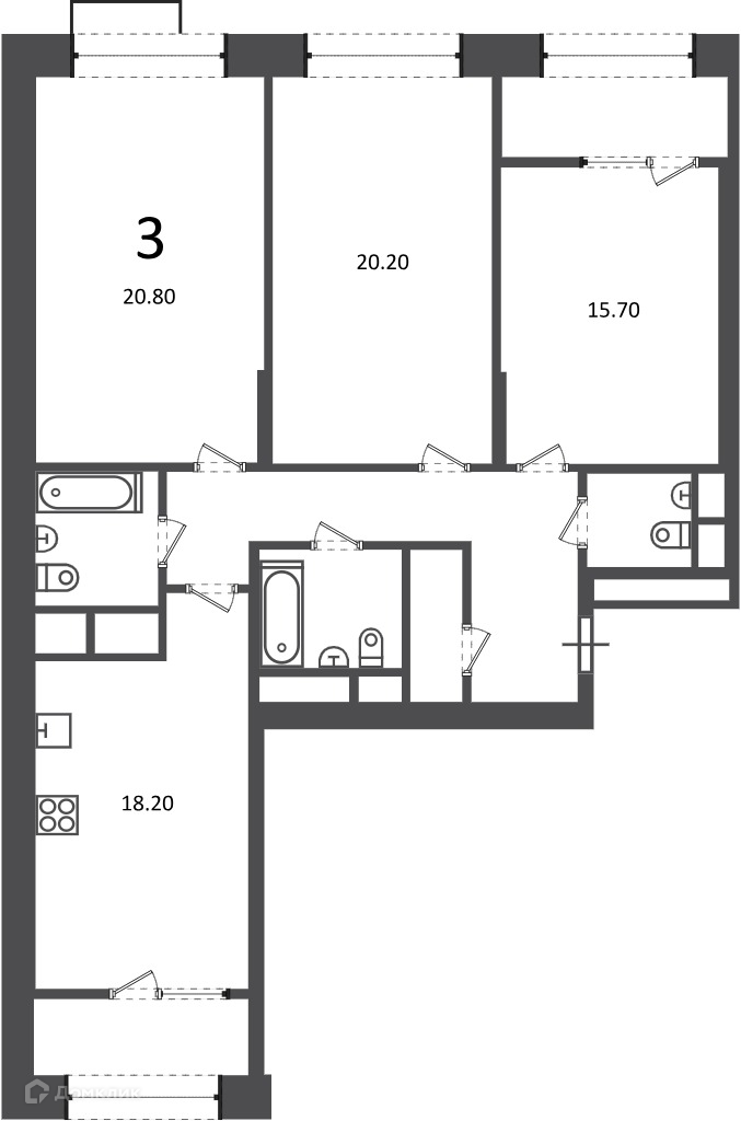 Планировка 3-комн. в ЖК «Клинская ул., д. 2А (Московские кварталы)»