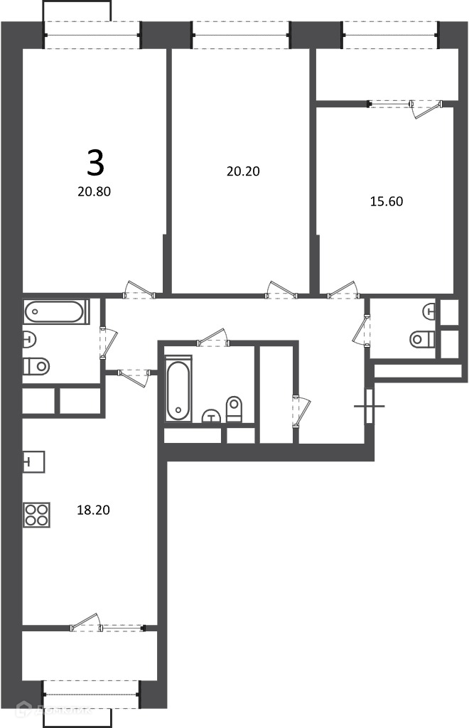 Планировка 3-комн. в ЖК «Клинская ул., д. 2А (Московские кварталы)»