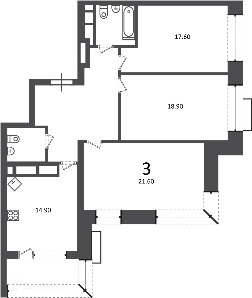 Планировка 3-комн. в ЖК «Клинская ул., д. 2А (Московские кварталы)»
