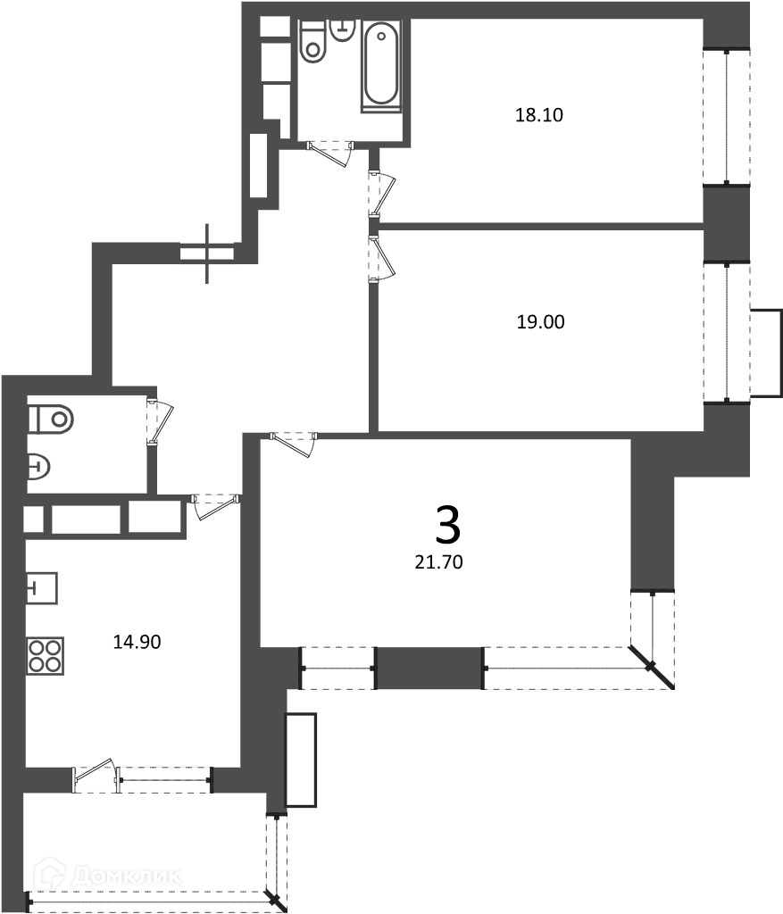 Планировка 3-комн. в ЖК «Клинская ул., д. 2А (Московские кварталы)»