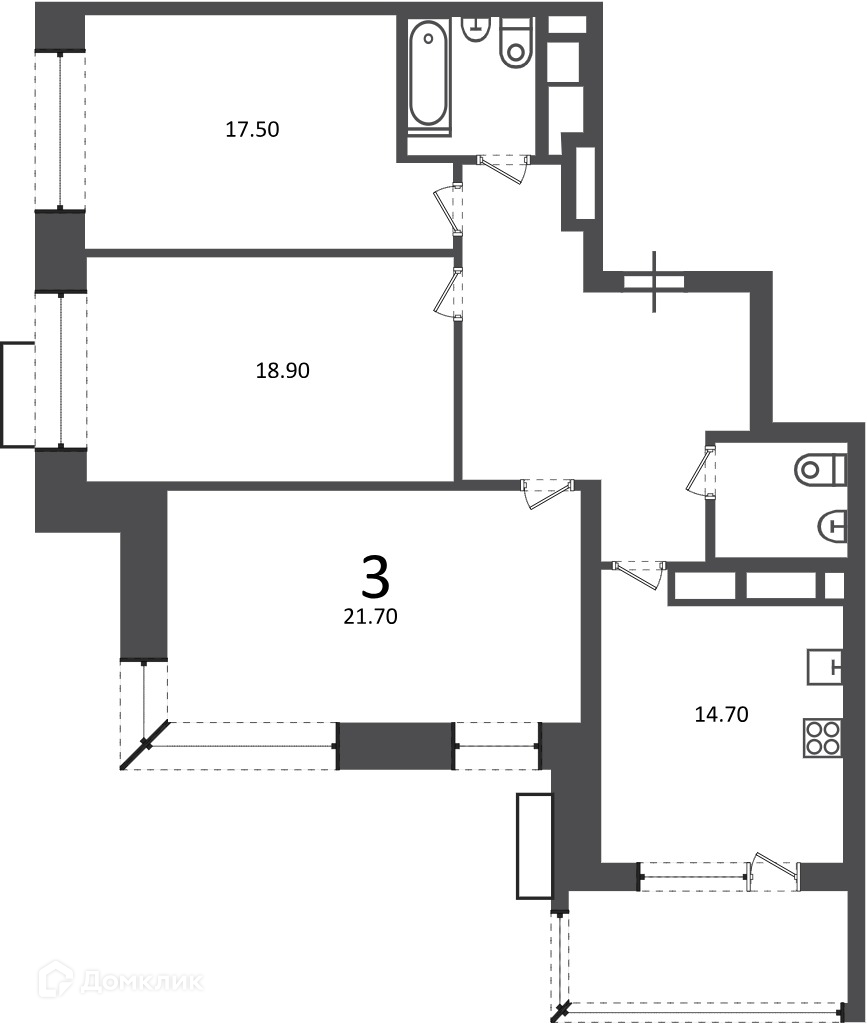 Планировка 3-комн. в ЖК «Клинская ул., д. 2А (Московские кварталы)»