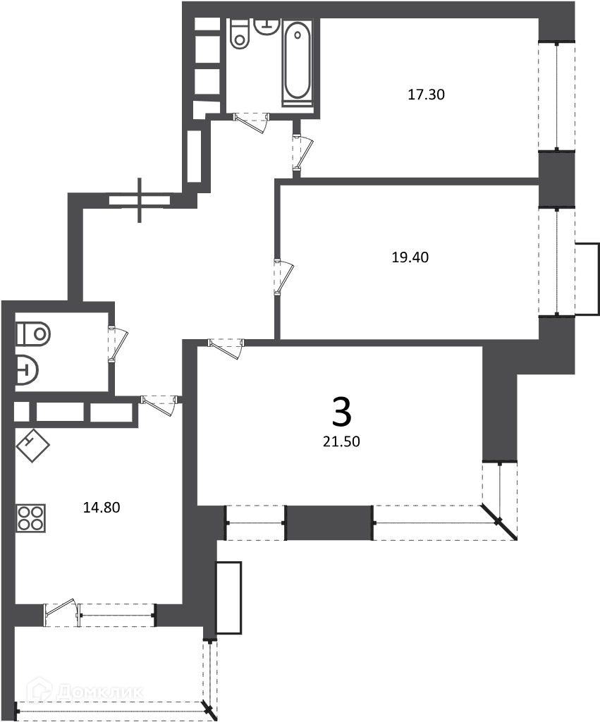 Планировка 3-комн. в ЖК «Клинская ул., д. 2А (Московские кварталы)»