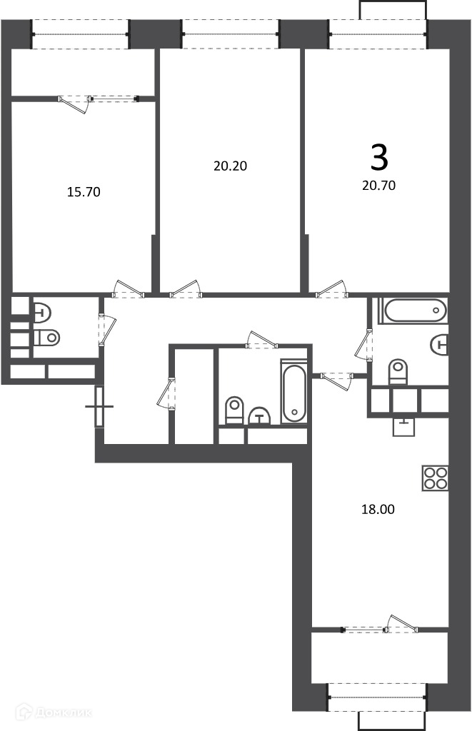 Планировка 3-комн. в ЖК «Клинская ул., д. 2А (Московские кварталы)»