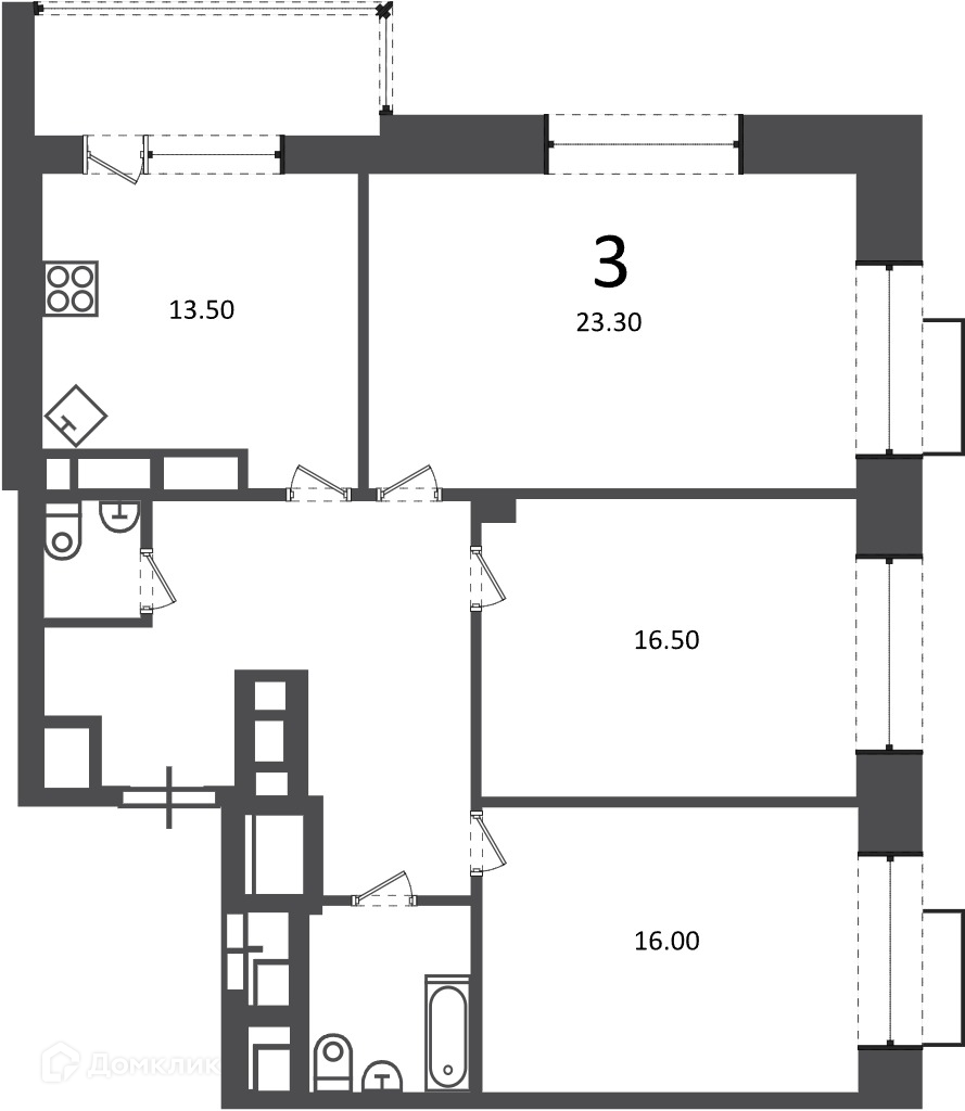 Планировка 3-комн. в ЖК «Клинская ул., д. 2А (Московские кварталы)»