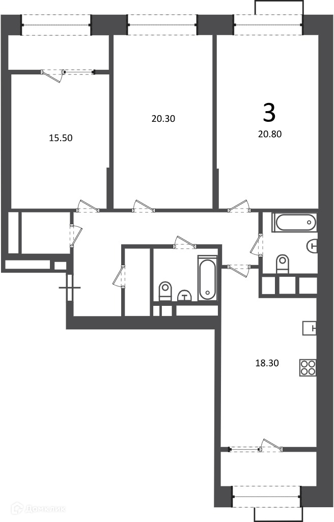Планировка 3-комн. в ЖК «Клинская ул., д. 2А (Московские кварталы)»