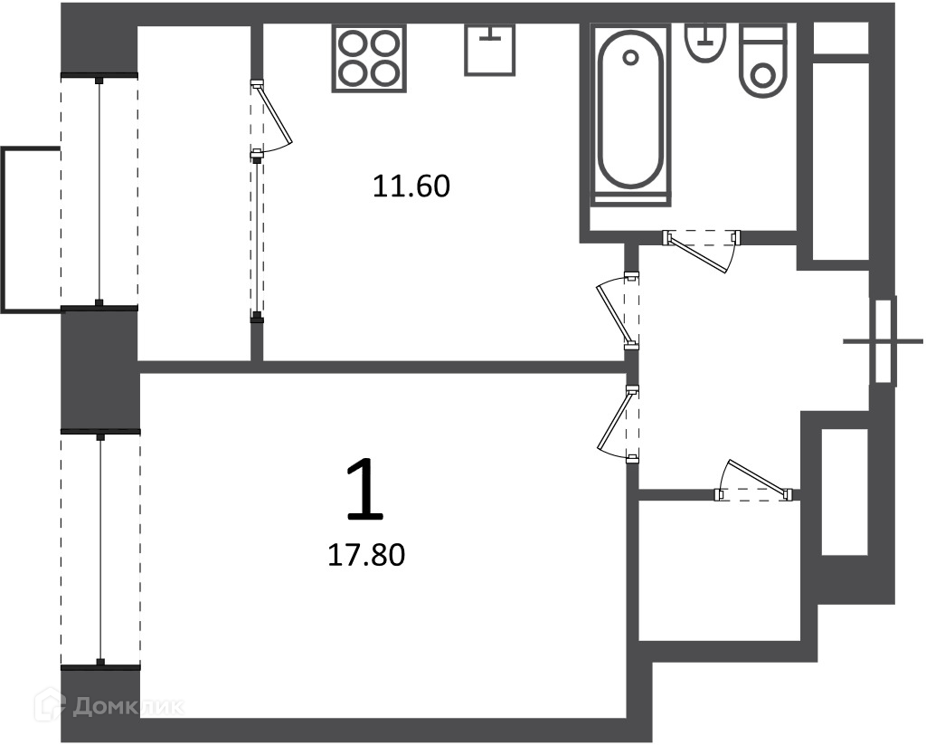 Планировка 1-комн. в ЖК «Клинская ул., д. 2А (Московские кварталы)»