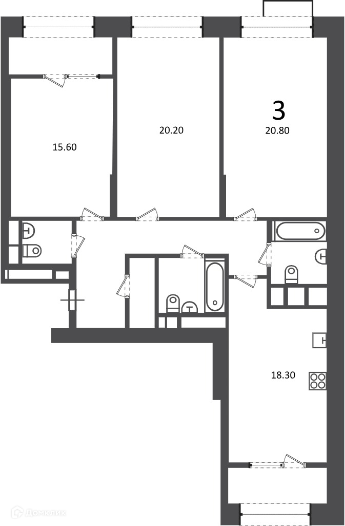 Планировка 3-комн. в ЖК «Клинская ул., д. 2А (Московские кварталы)»