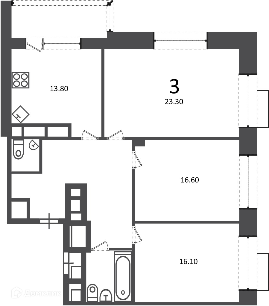 Планировка 3-комн. в ЖК «Клинская ул., д. 2А (Московские кварталы)»