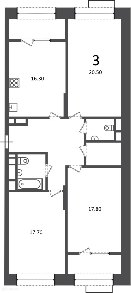Планировка 3-комн. в ЖК «Клинская ул., д. 2А (Московские кварталы)»